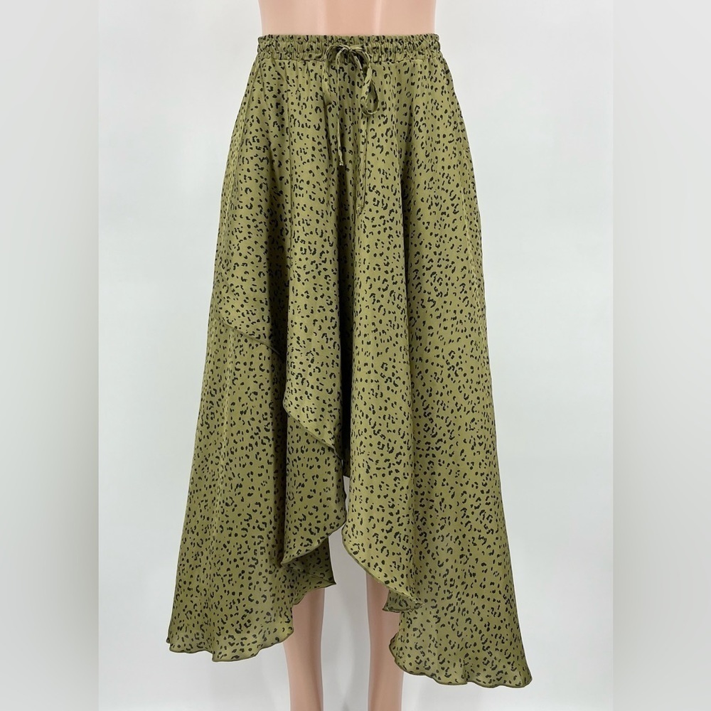 Zara Tiered Green Satin Animal Print Asymmetrical Skirt Size XS